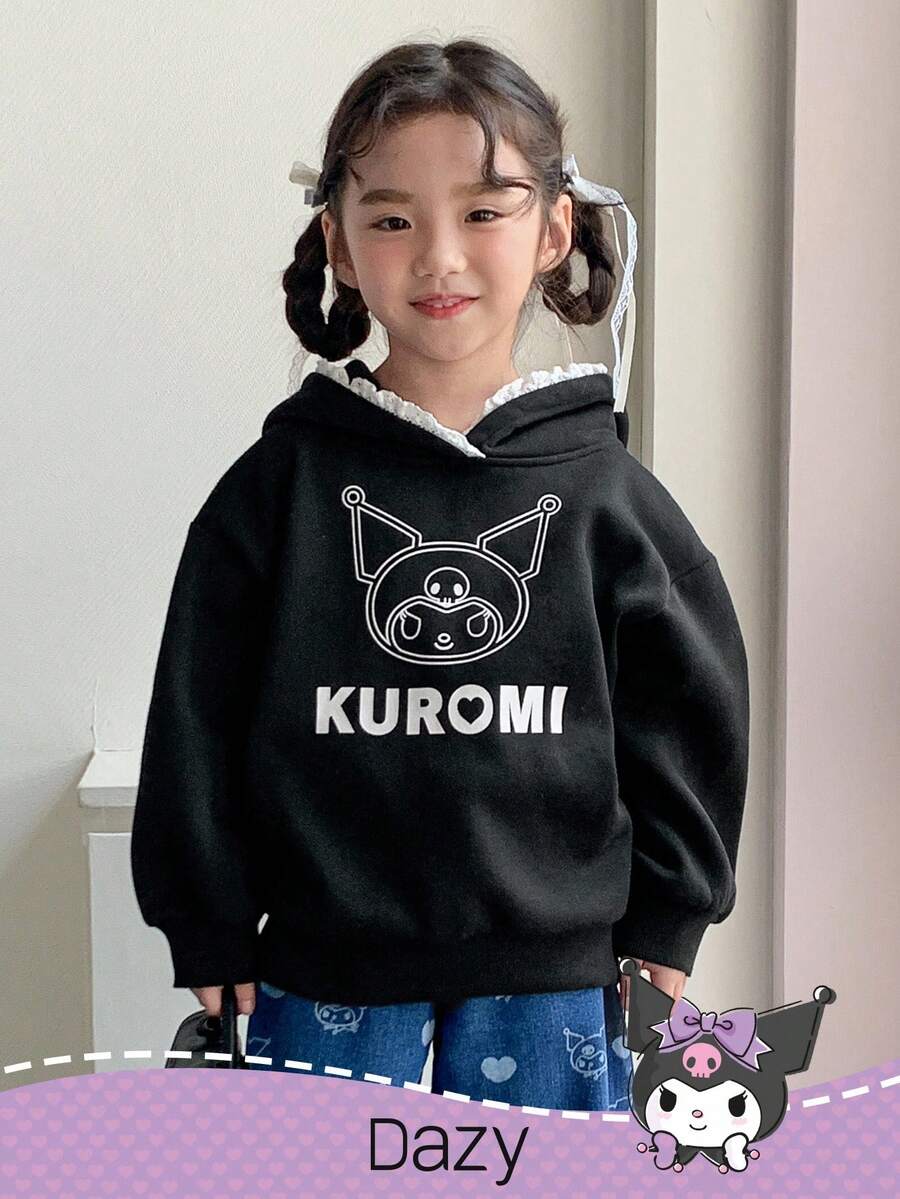 DAZY HELLO KITTY AND FRIENDS | SHEIN 少女针织卡通图案连帽卫衣，秋冬 - 黑色 - 查看 1