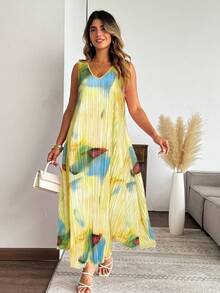 Celure Plus Size Vintage Tie-Dye Print Pleated Sleeveless Dress