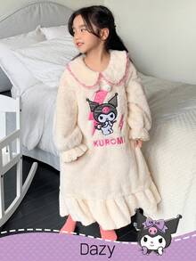 DAZY HELLO KITTY AND FRIENDS | SHEIN 少女冬季卡通刺绣彼得潘领睡衣套装，秋冬 - 米色 - 查看 4