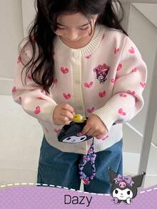 DAZY HELLO KITTY AND FRIENDS | SHEIN 少女心形图案前扣开衫，秋冬 - 米色 - 查看 1