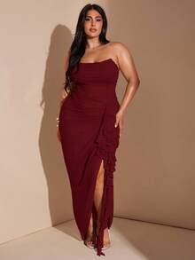 SHEIN BAE Gaun Jala Burgundy Elegan Ukuran Plus untuk Wanita, Gaun Koktail Musim Dingin dengan Belahan Ruffle, Cocok untuk Kencan, Pernikahan, Pesta, Wisuda, dan Liburan. - Burgundy - View 4