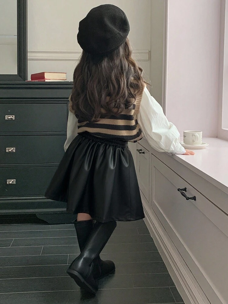 Young Girls PU Pleated Casual Korean Style Mini Skirt