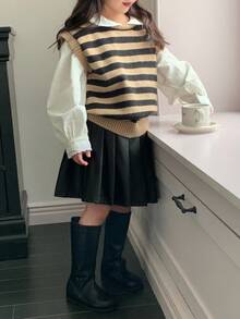 DAZY 少女PU褶皱休闲韩版迷你裙 - 黑色 - 查看 1