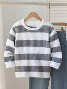 New Colorblock Striped Crew Neck Knit Sweater, Casual Japanese Style For Boys, Winter Fall - White - View 1