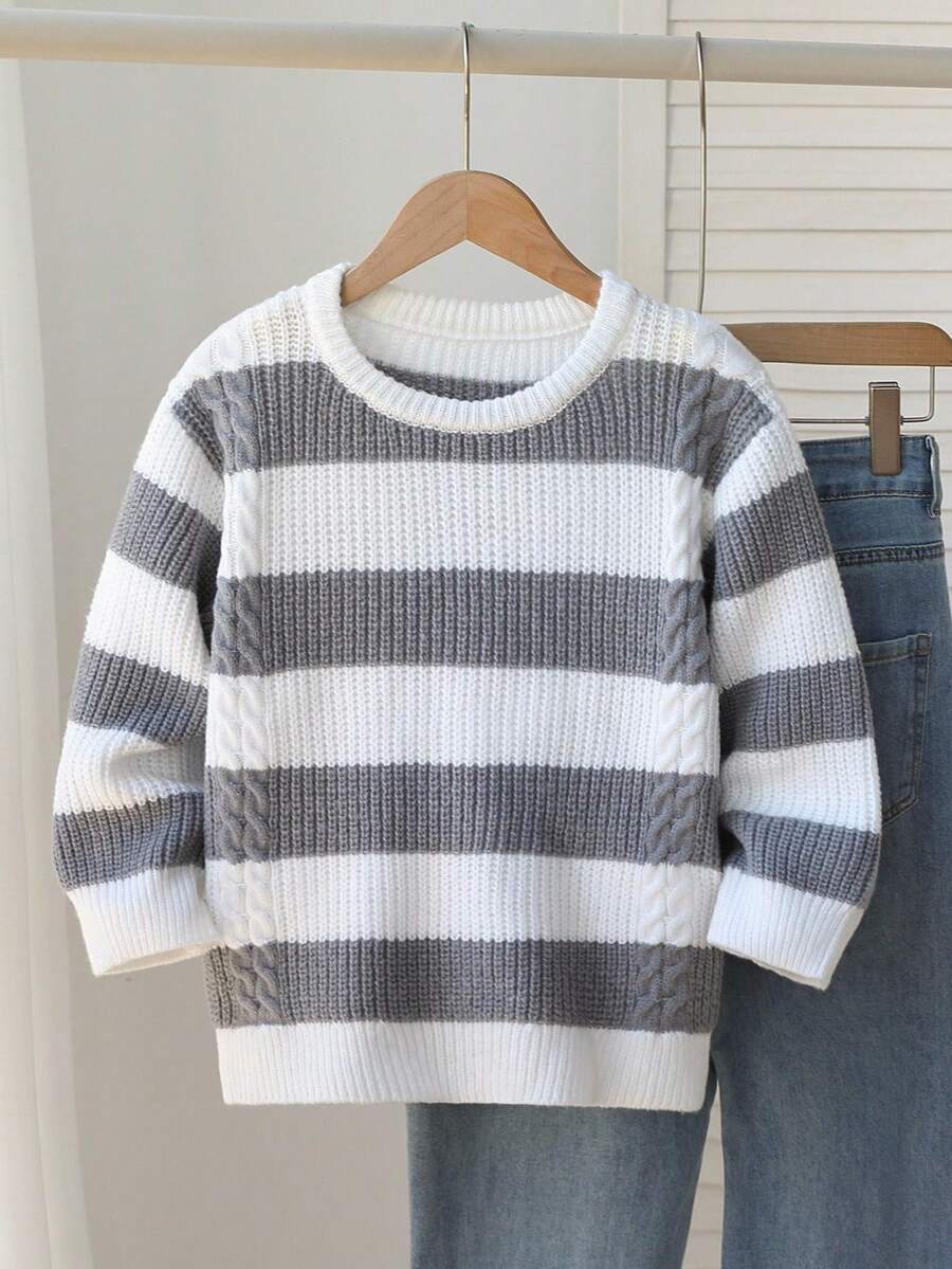 New Colorblock Striped Crew Neck Knit Sweater, Casual Japanese Style For Boys, Winter Fall - White - View 1