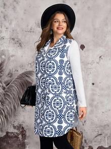 EMERY ROSE Plus Size Women Plant Pattern Zip Front Casual Pocket Sleeveless Winter Jacket Fall Autumn - Blue - View 3