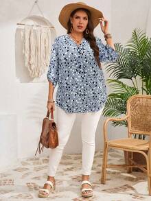 EMERY ROSE Plus Size Women's Early Spring 3/4 Sleeve Burgundy Printed Shirt - Grey - View 5