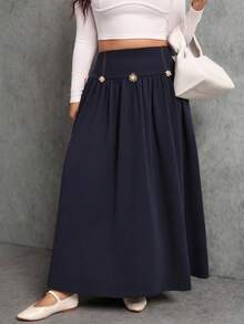 Elaquor Falda elegante y de moda con cintura alta, decoración de sol de metal y pliegues para mujer de talla grande - Azul - Ver 7