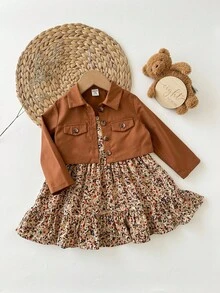 SHEIN Babygirl Ditsy Floral 休闲吊带背心裙和棕色夹克套装 - 彩色 - 查看 4