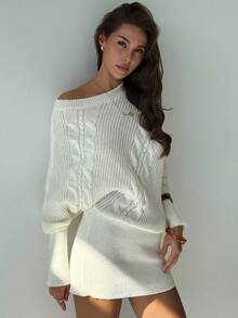Aloruh Apricot Asymmetrical Shoulder Cable Knit Loose Batwing Sleeve Women's Bodycon Mini Sweater Dress In Fall/Winter - Apricot - View 2