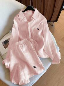 INAWLY Plus Size Embroidered Logo Shorts & Solid Color Long Sleeve Shirt 2 Pieces Set