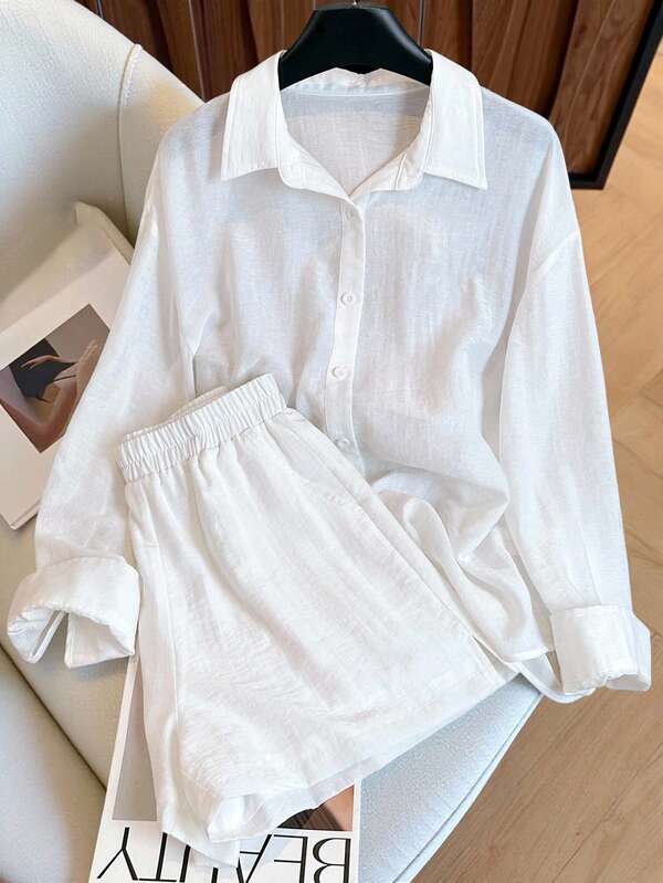 Regalyn Conjunto de 2 piezas de camisa de manga larga y pantalones cortos de unicolor talla grande