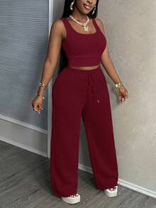 Slaydiva Bộ đồ 3 món cơ bản thường ngày màu trơn gồm áo crop top dài tay, áo hai dây và quần ống rộng cho nữ, quần áo ấm áp mùa thu đông cho nữ, bộ 2 món màu đỏ, bộ đồ hai mảnh thoải mái dài tay cho nữ, bộ đồ mặc nhà 2 mảnh thoải mái cho nữ. - Màu Đỏ Sâu - Xem 8