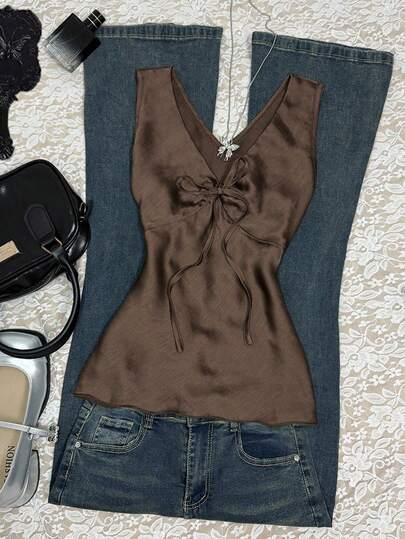 INAWLY Women's Casual Solid Color Lace-Up Camisole, Summer