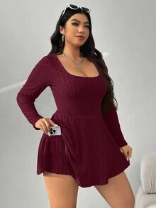 SHEIN EZwear 大码纯色方领连体裤，酒红色，秋季 - 酒紅色 - 查看 5