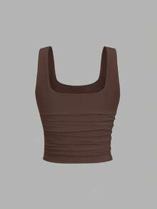 Sweetra 女式纯色简约无袖休闲修身背心 - 棕色 - 查看 2