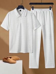 Manfinity Homme 男式纯色纹理短袖 Polo 衫和裤子套装 - 白色 - 查看 1