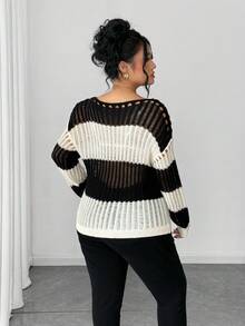 SHEIN Tall CURVE 大码女式撞色镂空透视休闲套头衫，百搭长袖，春夏季 - 黑與白 - 查看 2
