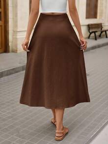 Brillora Women's Basic Cotton Button Front Skirt, Everyday Fashion - Coffee Brown - View 2