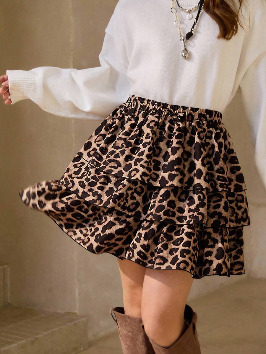 Wildy Fall Chic Skirt Women's Casual Brown Ruffle Hem Mini White Skirt Animal Print Skirt Leopard Print Skirt Cute Skirts For Women Tiered Skirt Cheetah Print
Skirt - Black - View 1