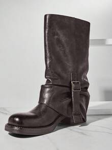 SHUZIA Women's Lug Sole Fold Over Slouchy Square Toe Moto Boots - Dark Grey - View 6