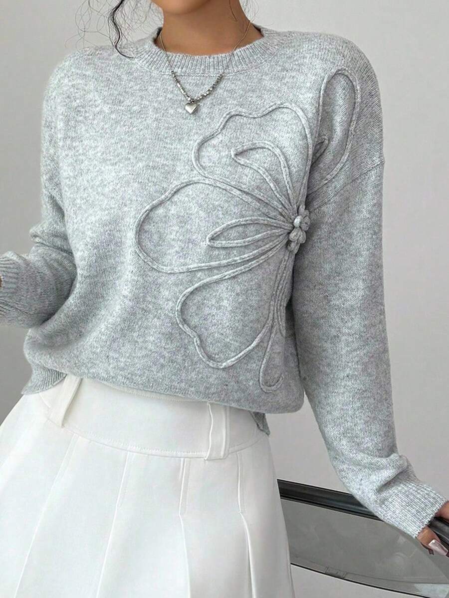 SHEIN Teen Girls Floral Pattern Solid Color Crew Neck Sweater, 3D Flower Decor, Suitable For Winter, Halloween Fall - Light Grey - View 1
