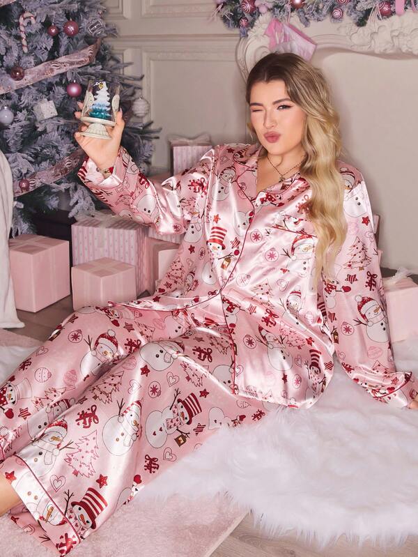SweetSlumber Conjunto de pijama de manga larga con solapa de satén con diseño de muñeco de nieve adorable y pantalones, talla grande, conjunto de pijama rosado femenino para invierno y vacaciones, ropa de otoño, Navidad