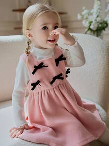 Souflis Souflis 2pcs Baby Girls' French Casual Velvet Ribbed Top & Pink Pinafore Dress Set,Cute Matching Family Pink And White Autumn Outfit With Bow Accent,Toddler - Pink - View 1