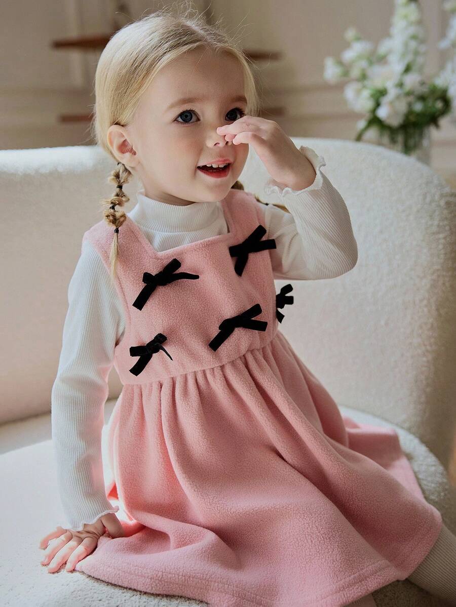 Souflis Souflis 2pcs Baby Girls' French Casual Velvet Ribbed Top & Pink Pinafore Dress Set,Cute Matching Family Pink And White Autumn Outfit With Bow Accent,Toddler - Pink - View 1