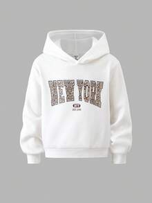 2pcs/Set Tween Girls Letter Print Hoodie Sweatshirt + Green Cargo Pants Casual Street Style Outfit, Autumn/Winter Fall - Khaki - View 3