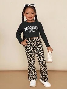 2pcs/Set Young Girl Solid Color Fitted Flare Casual Sweatpants