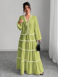 SHEIN Tall 大码女式编织纹理长袖系带前拼色荷叶边下摆开衫和中长裙两件套，法式优雅浪漫 - 綠色 - 查看 4