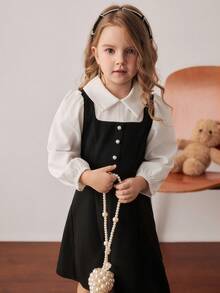 PrepCrw Young Girls' Preppy Style Color Block 2 In 1 Shirt Collar Long Sleeve Dress Fall Winter - Black and White - View 1
