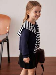 PrepCrw Young Girls' Collegiate Style Round Neck Sweatshirt/Shawl Set Fall Winter - Blue and White - View 8