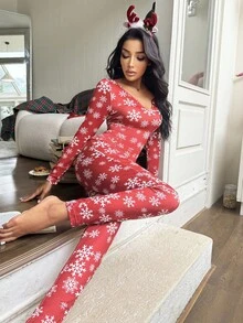 SHEIN ZzzCrew 圣诞雪花印花柔软修身长袖女士睡衣连体裤，秋季圣诞睡衣，女士圣诞睡衣，冬季 - 酒紅色 - 查看 3