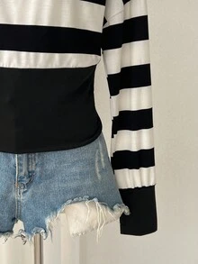 Comfortcana Women's Striped Round Neck Drop Shoulder Long Sleeve Casual Waist Fitted T-Shirt - Black - View 6