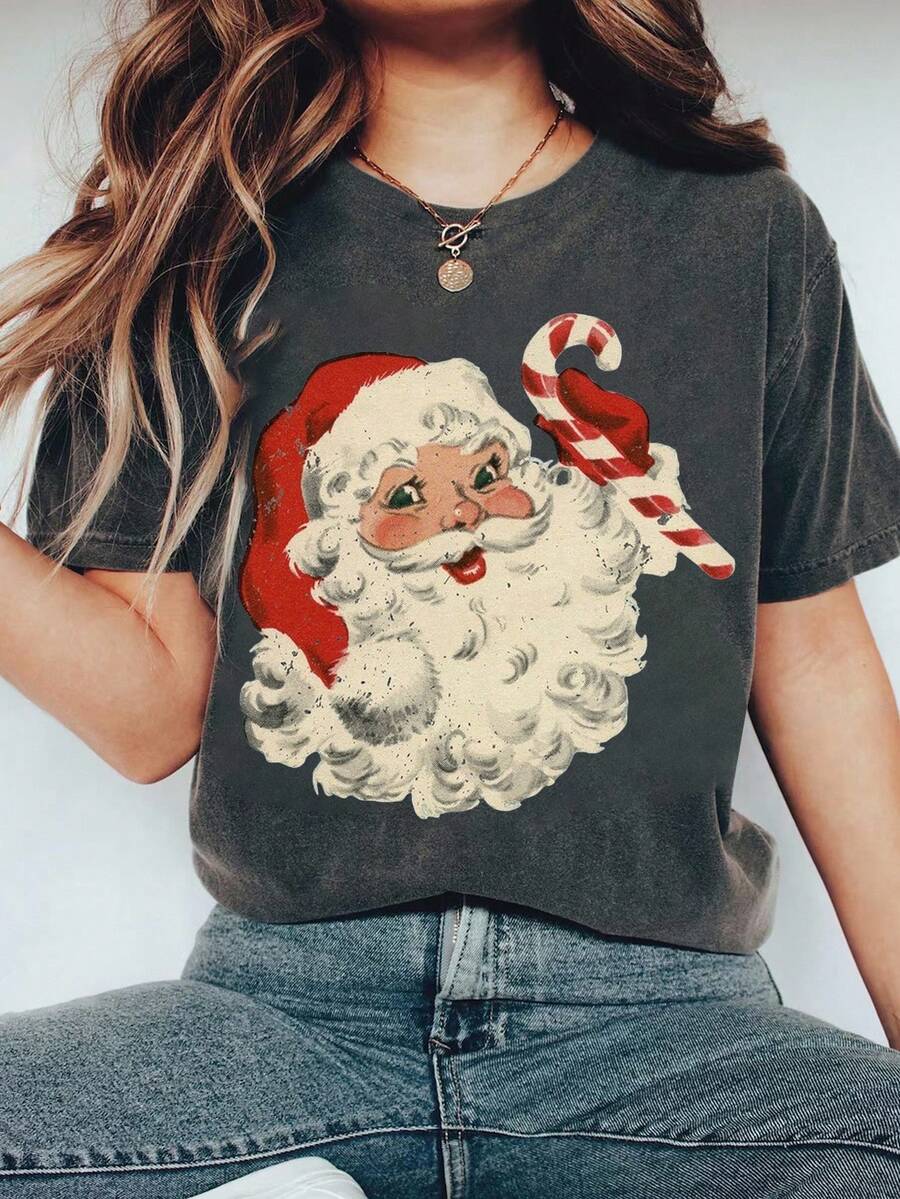 EMERY ROSE Santa Claus Print Women's Round Neck Short Sleeved T-Shirt, Christmas T-Shirt, Summer - Dark Grey - View 1
