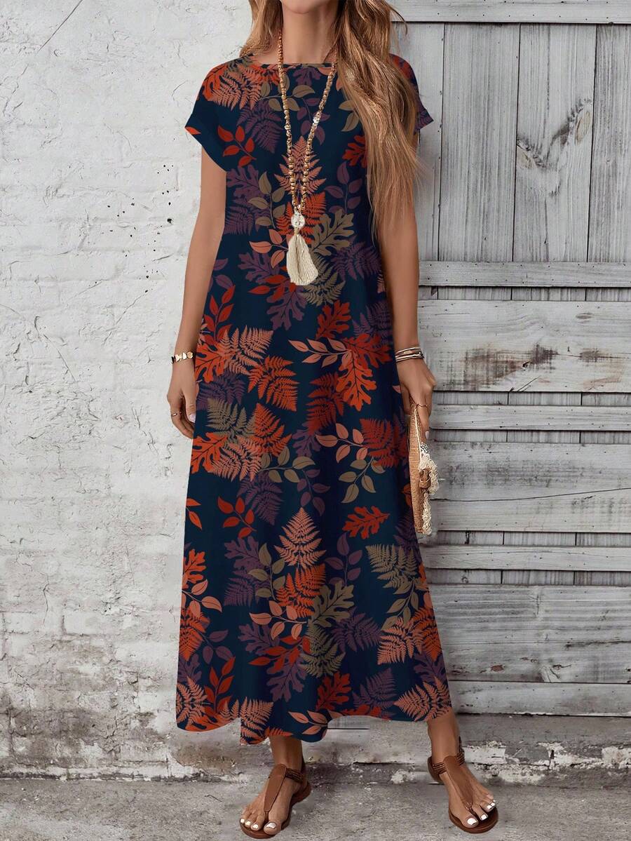 EMERY ROSE 感恩节叶子图案百搭女式连衣裙，复古花卉印花加大码连衣裙 - 彩色 - 查看 1