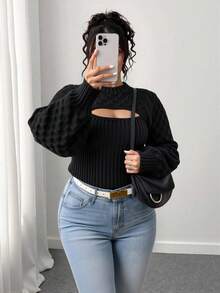 Elenzga 大码纯色圆领长袖镂空休闲毛衣套头衫，适合冬季 - 黑色 - 查看 4