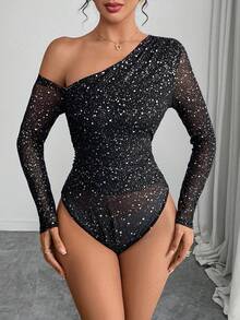 Almamuse Women's Fashion Metallic Polka Dot Mesh Print Off-Shoulder Long Sleeve Bodysuit - Black - View 5