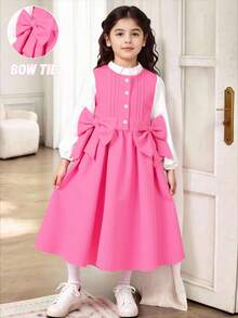 SHEIN Kleine Mädchen Frühling & Herbst Vintage akademischer Stil Gewebe Kleid mit 3D Schleifen Dekor, Rosa; Kleine Mädchen Weiß Langarm Kleid mit Rüschen Saum und Bernstein Knöpfen, geeignet für Schulanfang, süß & elegant für Alltag, Reisen, Fotoshootings und Zusammenkünfte Herbst Winter - Heißes Pink - Übersicht 5