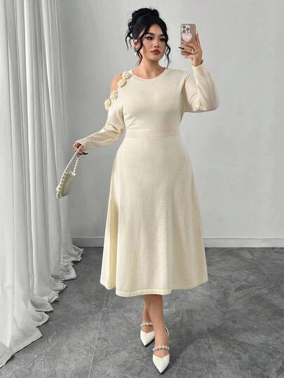 Modelyn Vestido de suéter de manga larga con decoración floral 3D de unicolor talla grande