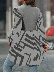 SHEIN Clasi 大码女式印花拼接灯笼袖休闲上衣，春夏款 - 灰色 - 查看 2