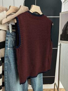 Franclia Lässiges, locker geschnittenes Damen Strickoberteil mit Rundhalsausschnitt, ärmellos, mit Kontrastbesatz, in Khaki, für Frühling/Herbst - Bordeaux - Übersicht 2