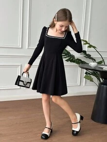 Serisse Kids 青少年女孩优雅圆领铆钉长袖收腰 A 字连衣裙，休闲日常穿着，返校，黑色，适合万圣节、圣诞节、新年 - 黑色 - 查看 5