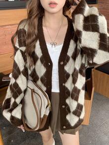DAZY Women's Loose Casual Plaid & Diamond Pattern Color Block Long Cardigan, Suitable For Autumn & Winter