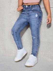 Young Girl' Blue Denim Ripped Skinny Jeans Fall Winter - Dark Wash - View 4