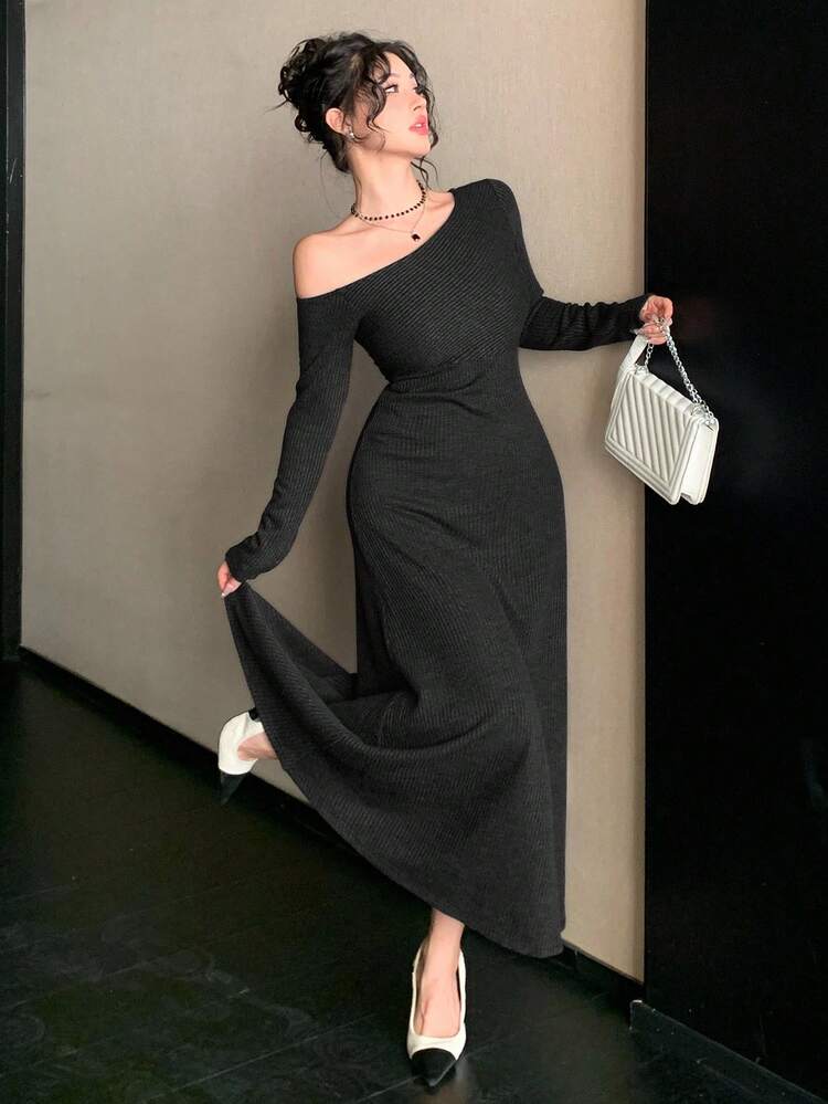Women's Elegant Oblique Shoulder Dress, Autumn/Winter New Arrival Maxi Dress