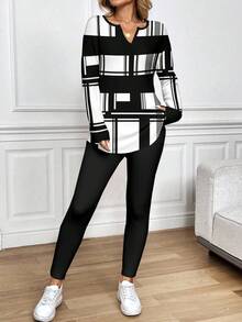 SHEIN LUNE 2pcs/Set Women Geometric Print Long Sleeve T-Shirt And Leggings, Autumn/Winter