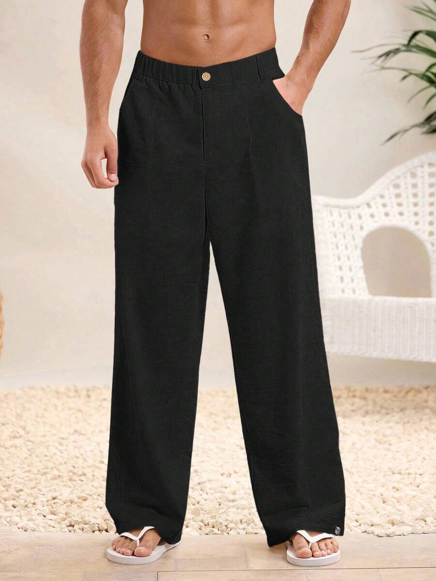 Manfinity VCAY 男士休闲梭织贴袋阔腿纯色裤，适合日常穿着黑色休闲裤，适合秋季，老款 - 黑色 - 查看 1